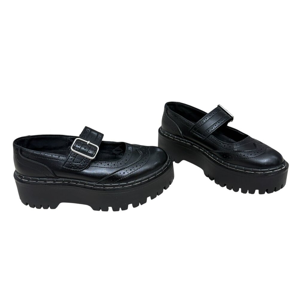 TUK Footwear Black Double Decker Mary Jane Leather platform women's shoes sz 7 - Picture 2 of 11